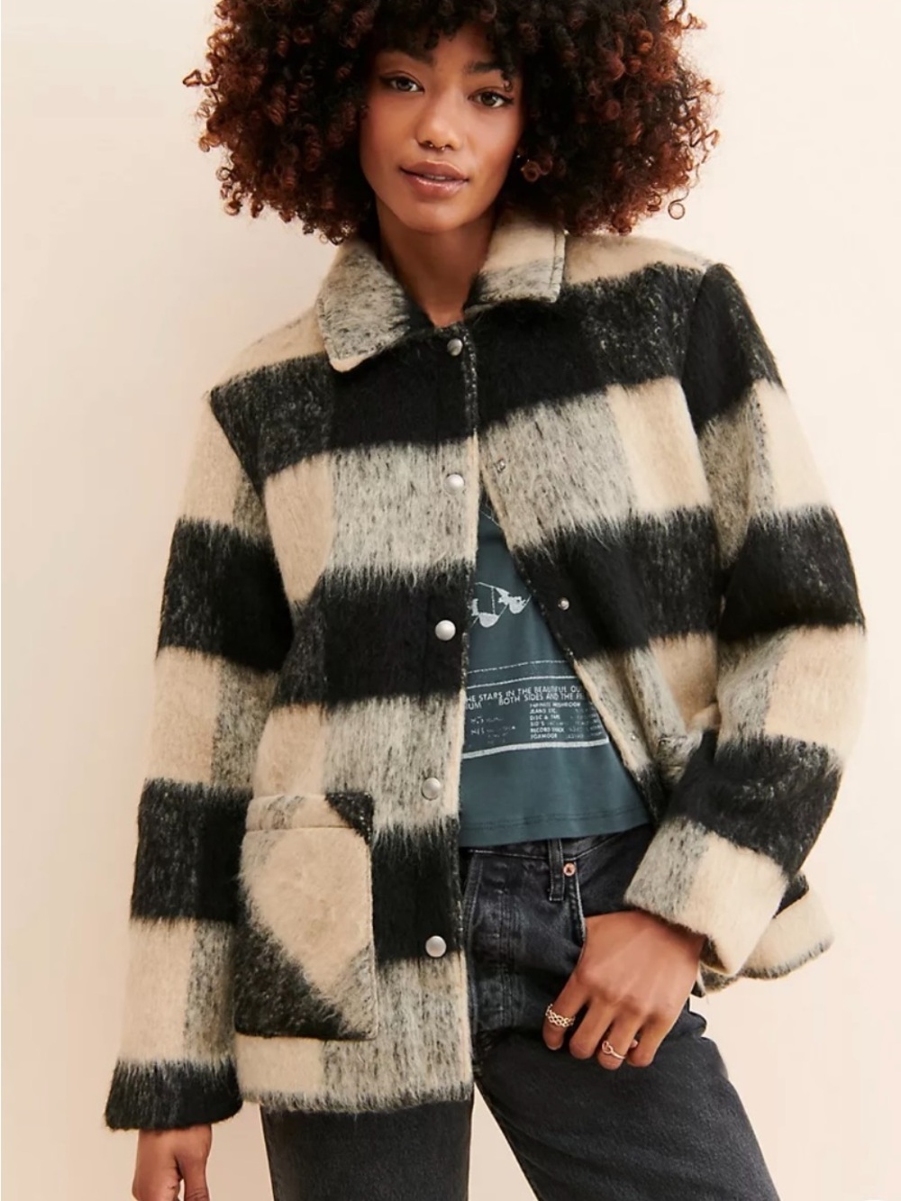 Blank NYC Black and Cream Plaid Teddy Shirt Jacket